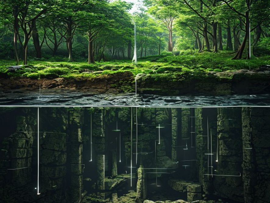 Cross-section of forest floor revealing underground archaeological ruins